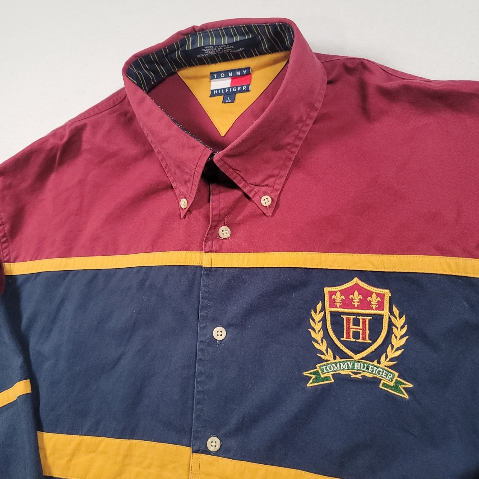 Tommy Hilfiger Men Shirt Large Vintage 90s Rugby Stripe Big Crest Button Down